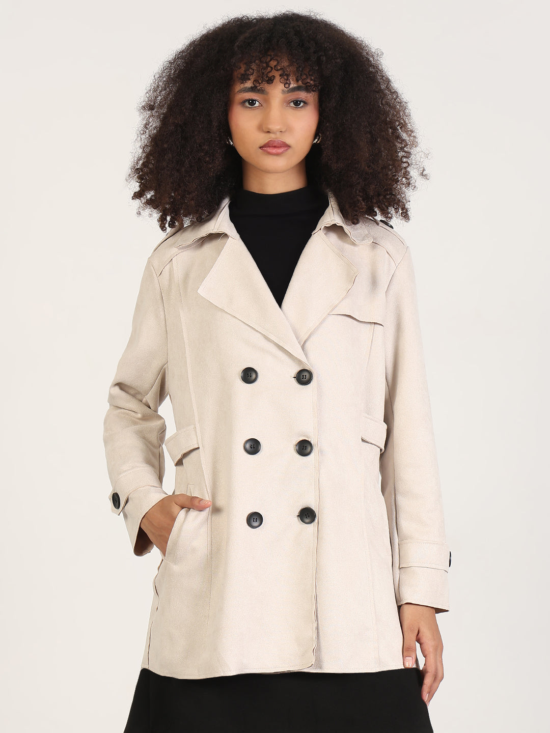 Solid Cream Lapel Collar Trench Coat