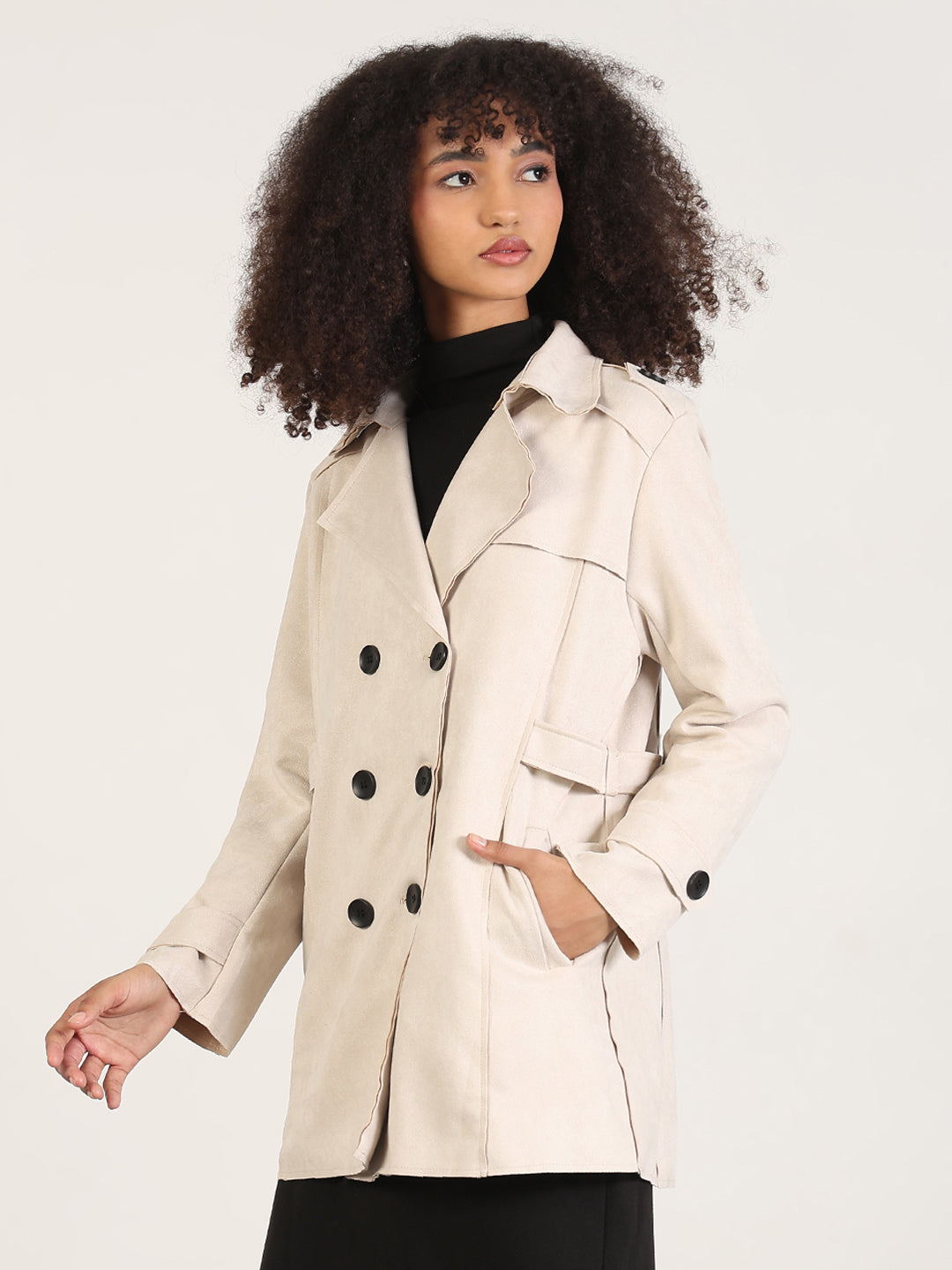 Solid Cream Lapel Collar Trench Coat