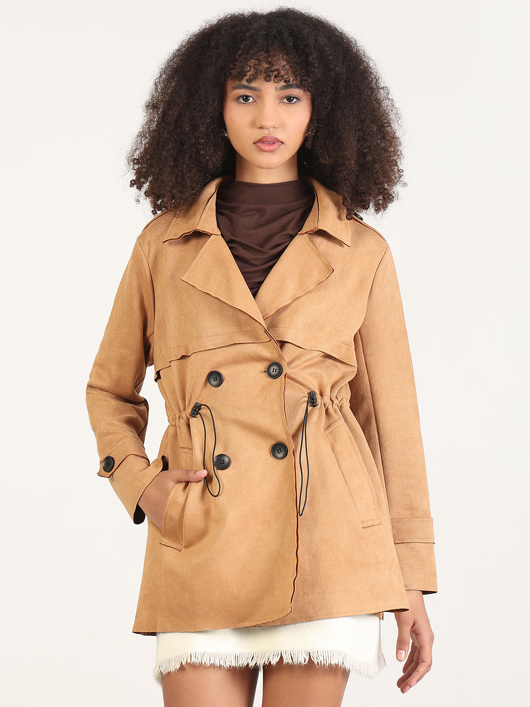 Solid Brown Lapel Collar Trench Coat