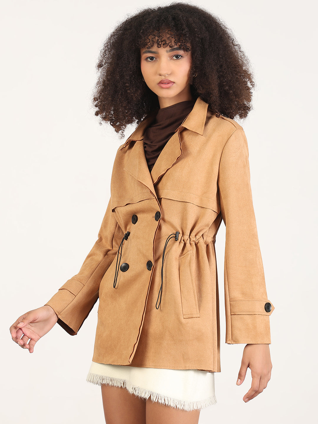 Solid Brown Lapel Collar Trench Coat