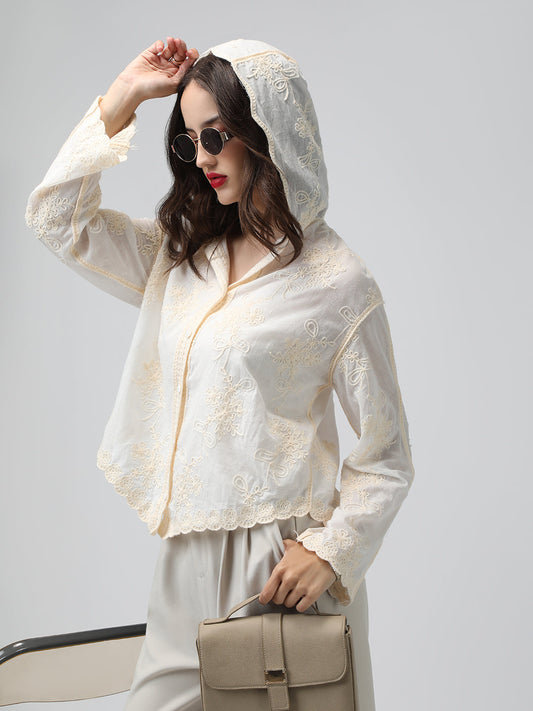 Women's Floral Cream Hooded Relaxed Fit Semi Sheer Shirt