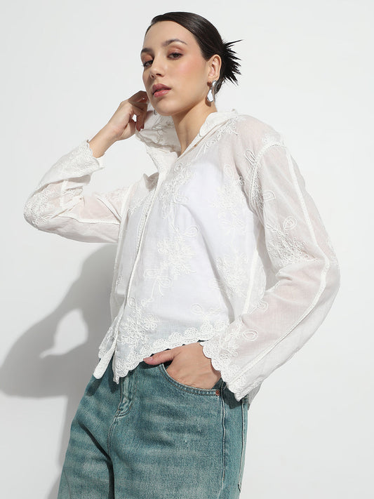 Women's Floral White Hooded Relaxed Fit Semi Sheer Shirt