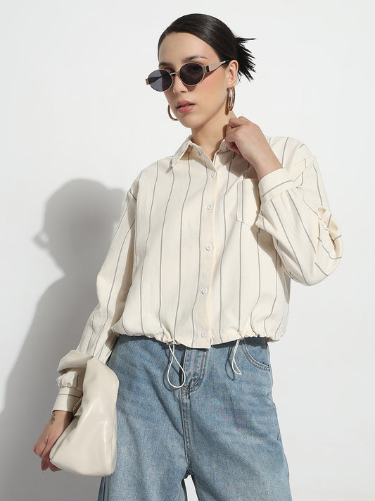 Women's Pinstripes Cream Regular Fit Top
