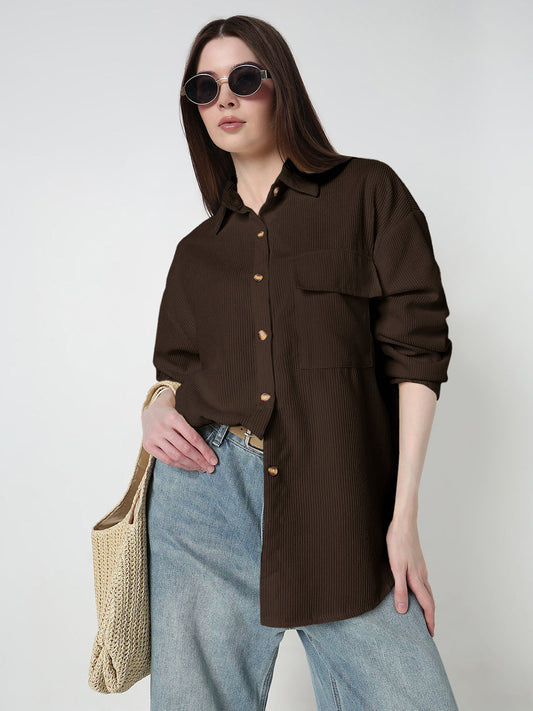 Women's Textured Brown Regular Fit Shirt