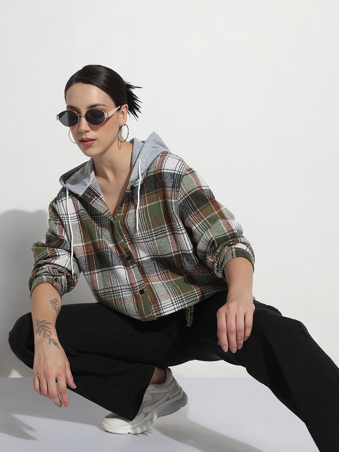 Women's Tartan Checks Green Hooded Regular Fit Shirt