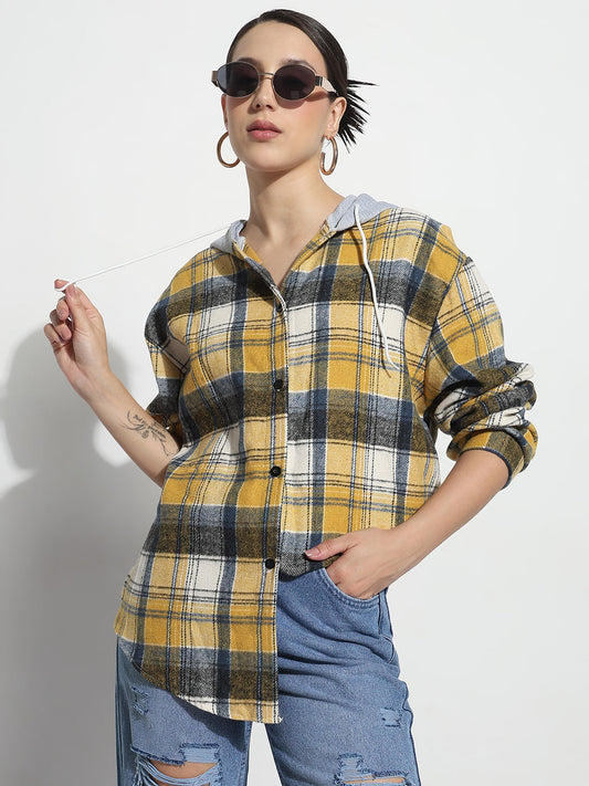 Women's Tartan Checks Yellow Hooded Regular Fit Shirt