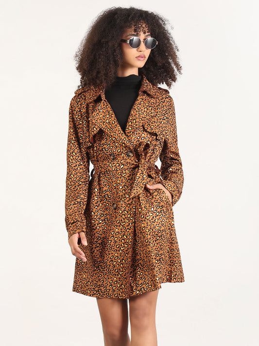 Animal Print Brown Spread Collar Trench Coat with Fabric Belt