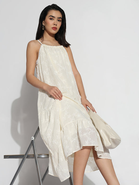 Cream Solid Shoulder Strapped A-Line Dress