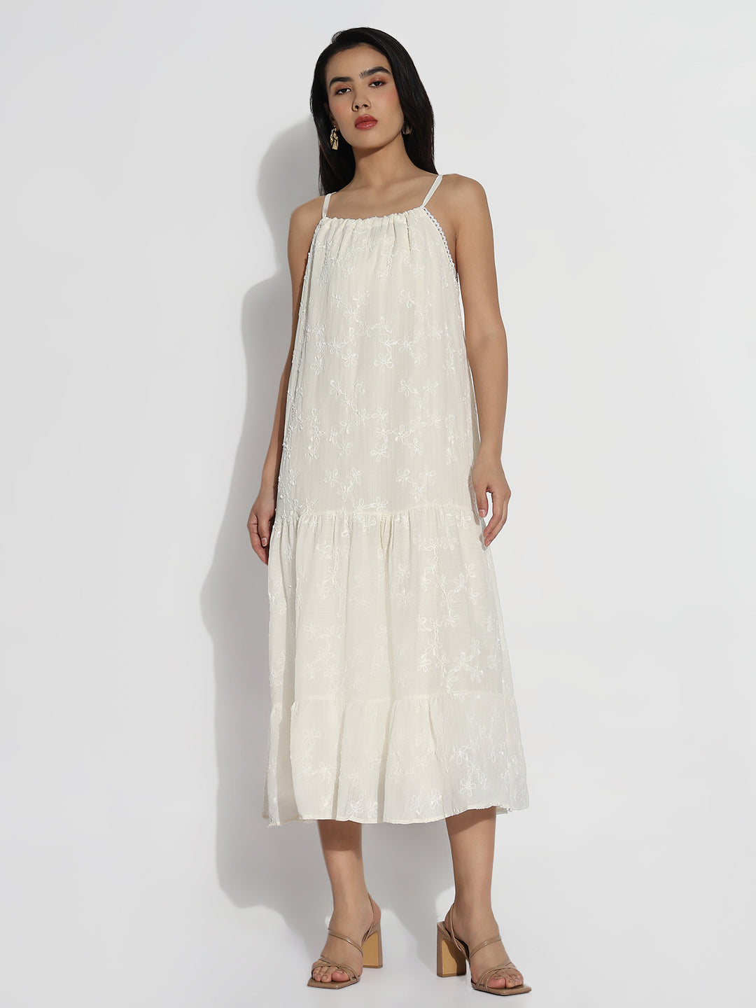 Cream Solid Shoulder Strapped A-Line Dress