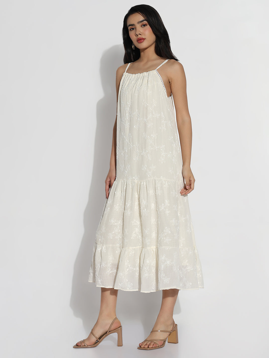 Cream Solid Shoulder Strapped A-Line Dress
