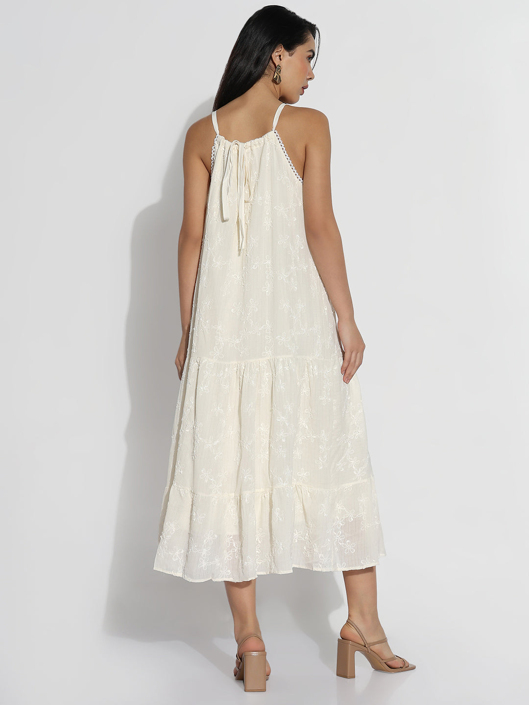 Cream Solid Shoulder Strapped A-Line Dress