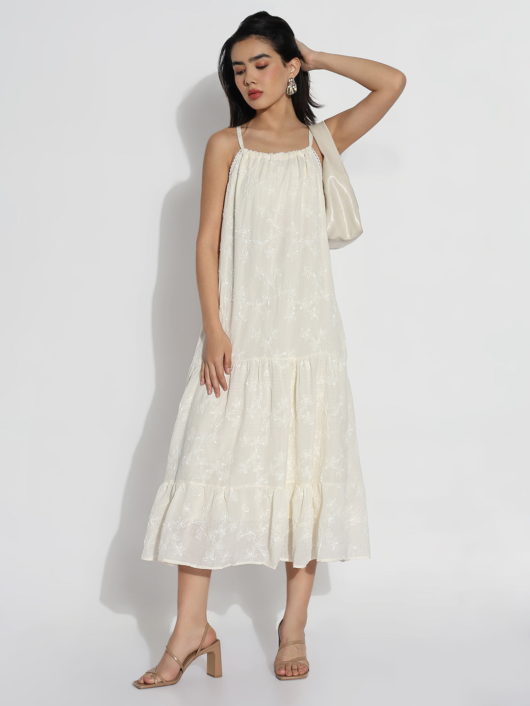 Cream Solid Shoulder Strapped A-Line Dress