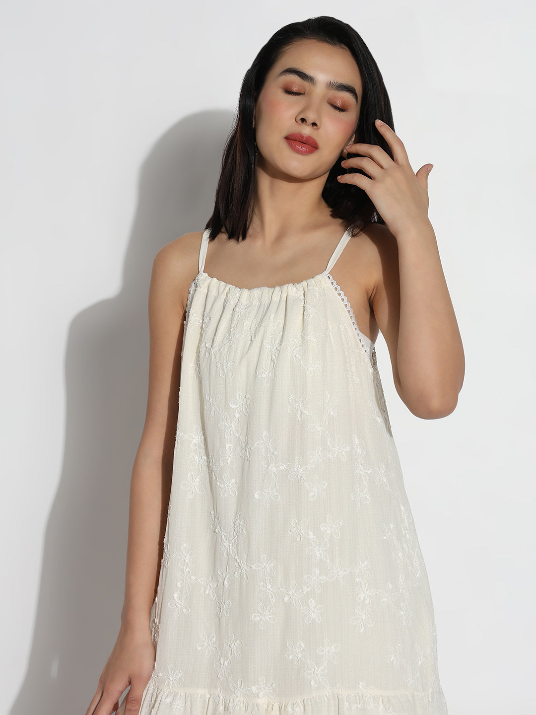 Cream Solid Shoulder Strapped A-Line Dress