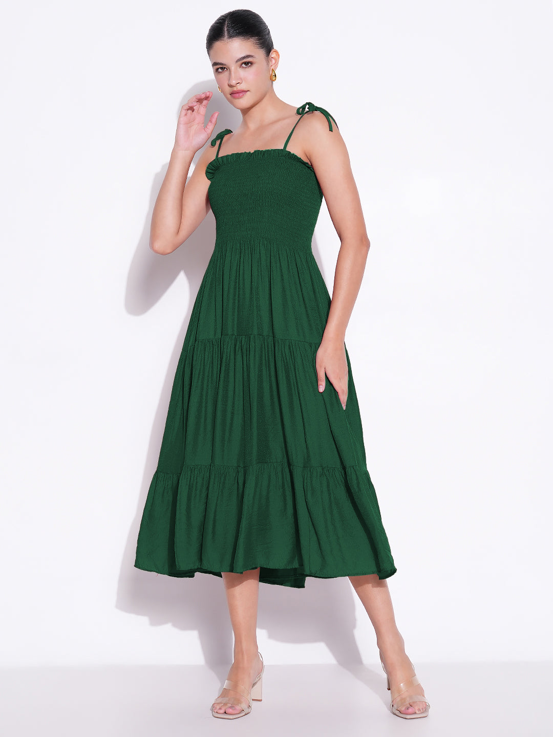 Green Solid Fit and Flare Dress