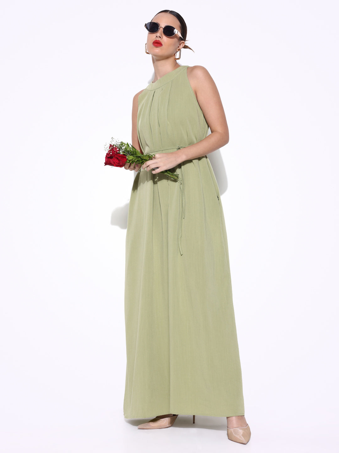 Green Maxi Dress with Waist Tie