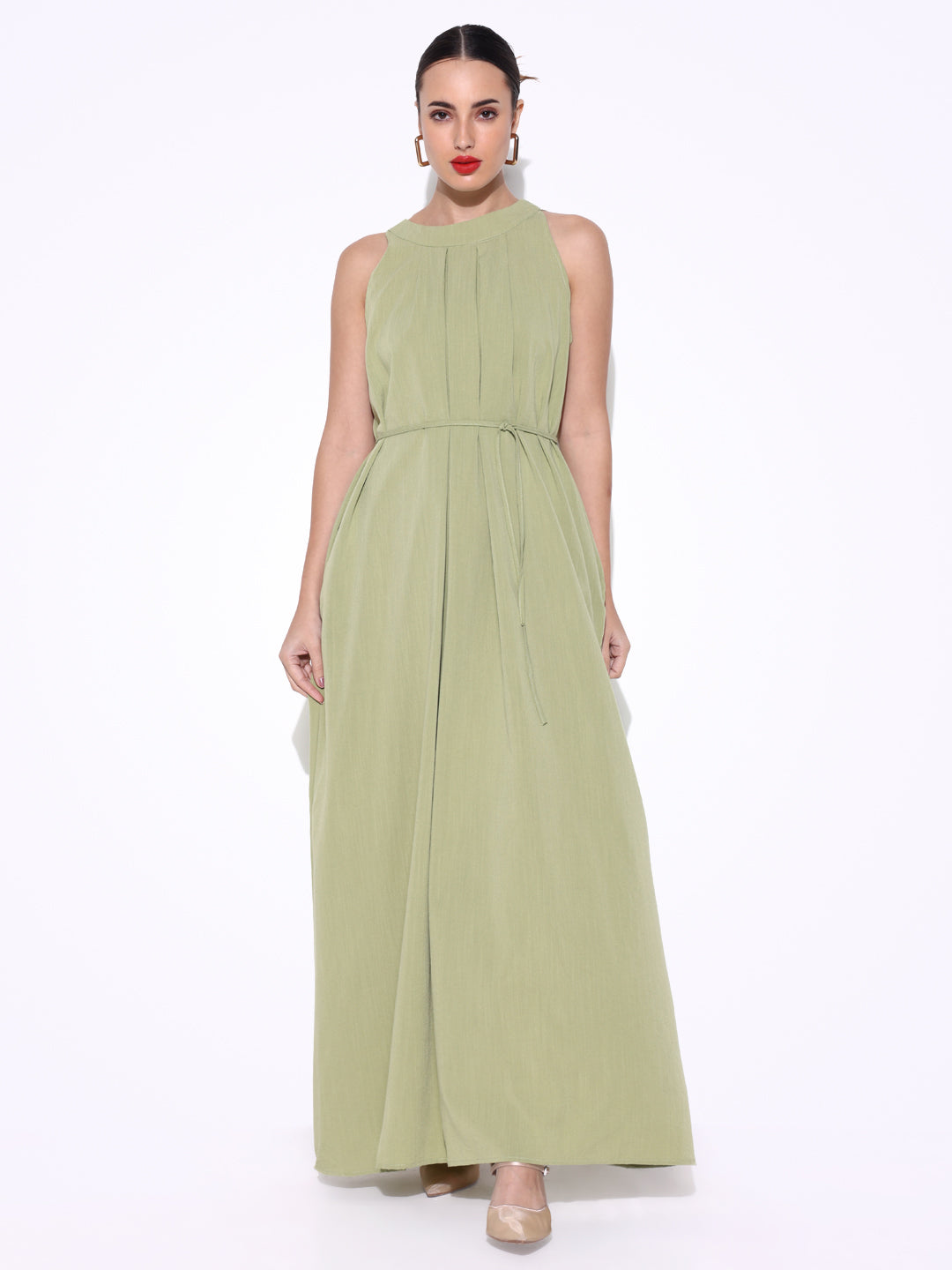 Green Maxi Dress with Waist Tie