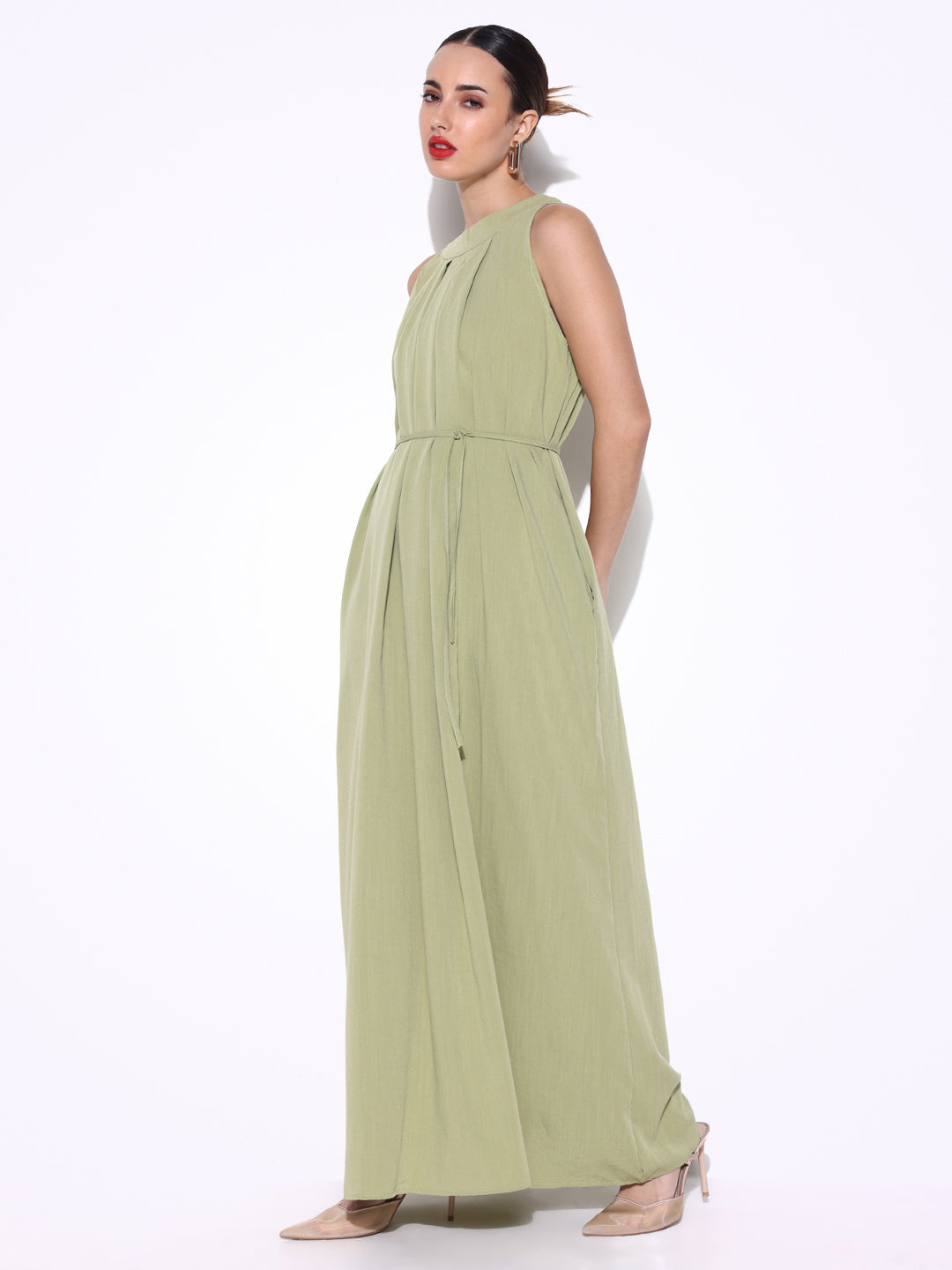 Green Maxi Dress with Waist Tie