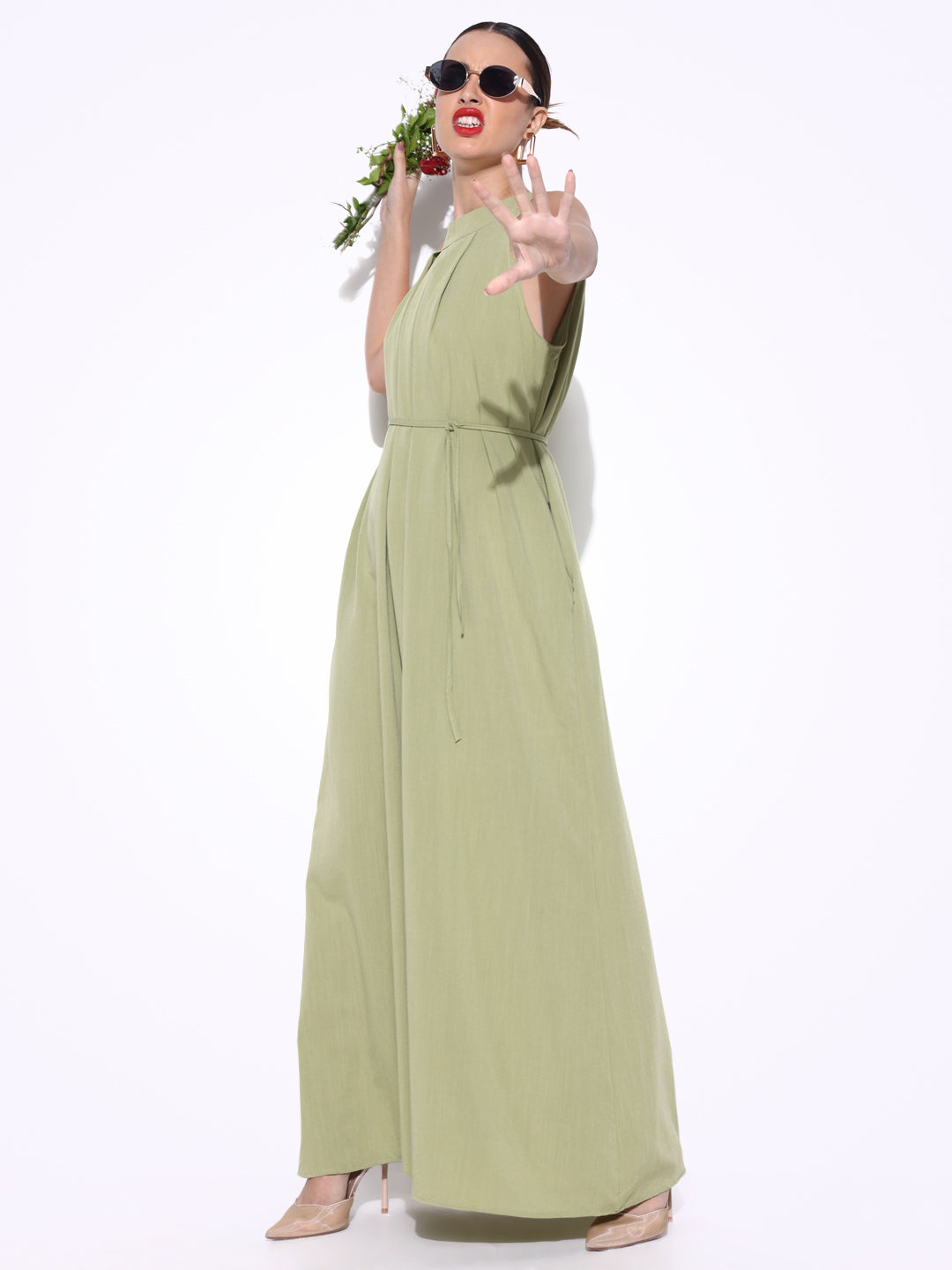 Green Maxi Dress with Waist Tie