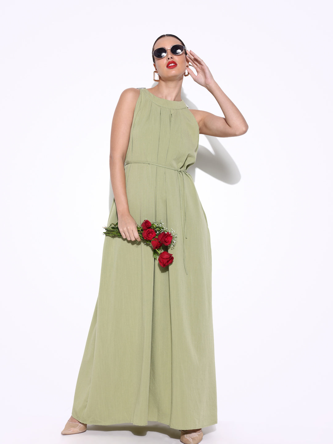 Green Maxi Dress with Waist Tie