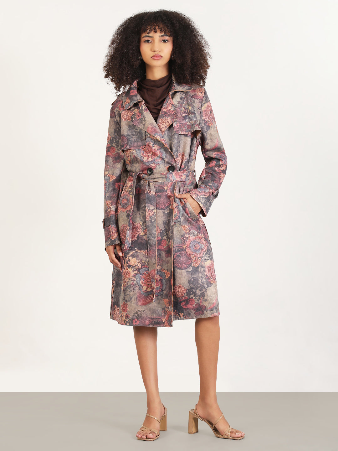Floral Grey Lapel Collar Longline Trench Coat with Fabric Belt