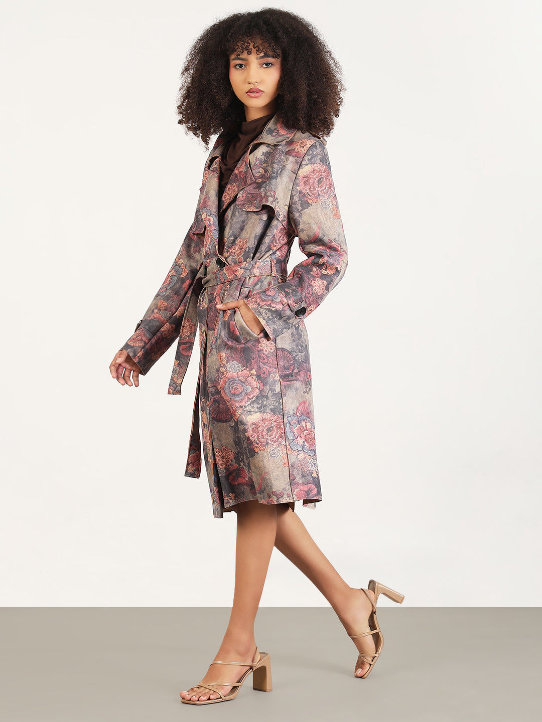 Floral Grey Lapel Collar Longline Trench Coat with Fabric Belt