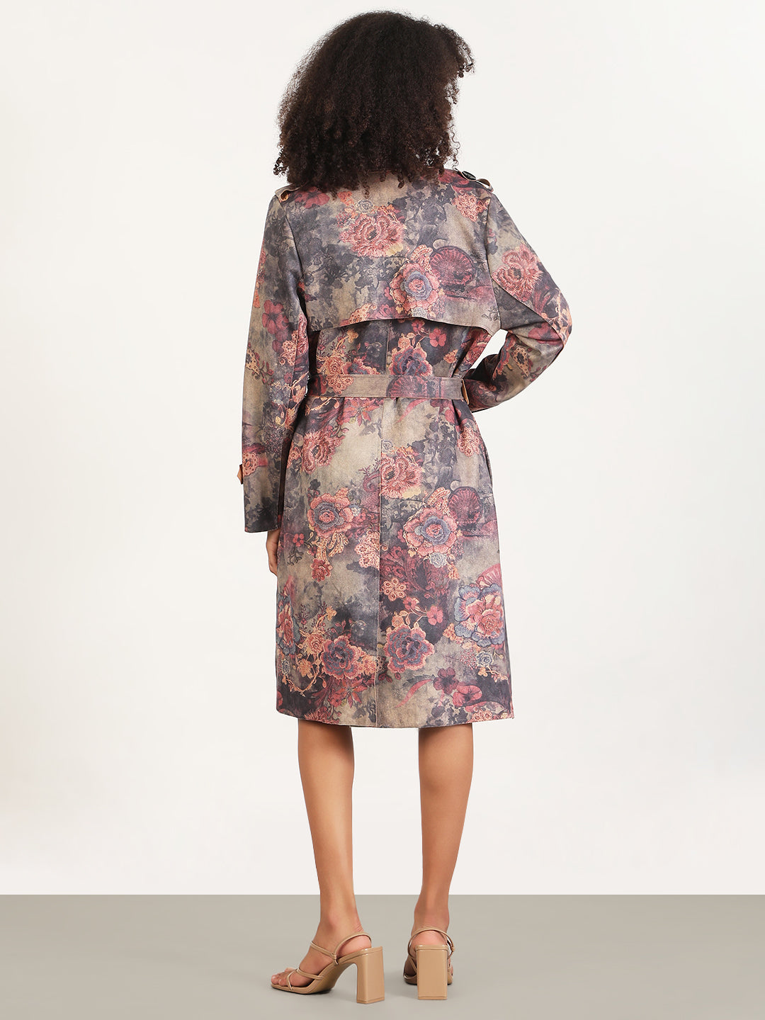 Floral Grey Lapel Collar Longline Trench Coat with Fabric Belt