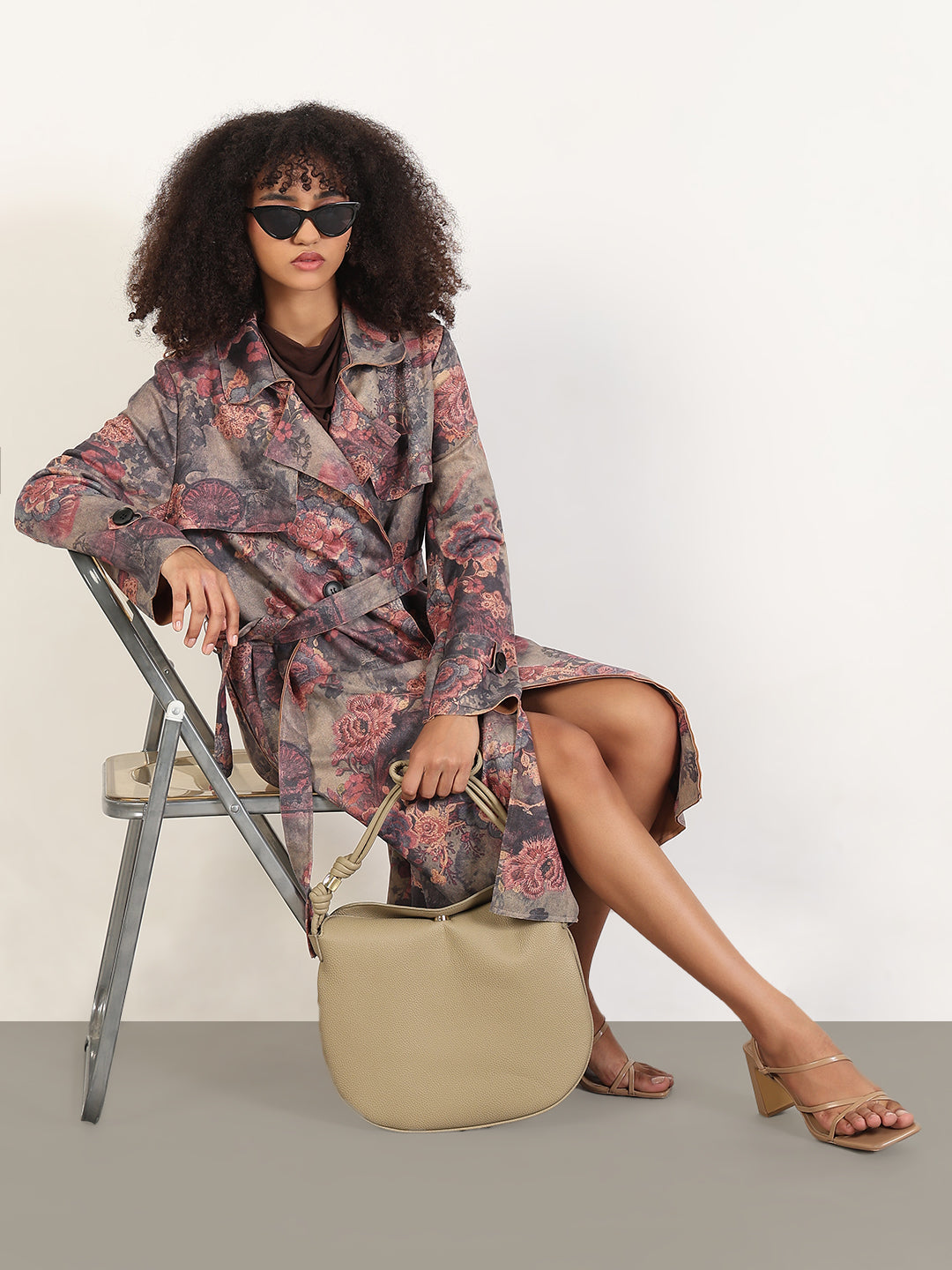 Floral Grey Lapel Collar Longline Trench Coat with Fabric Belt