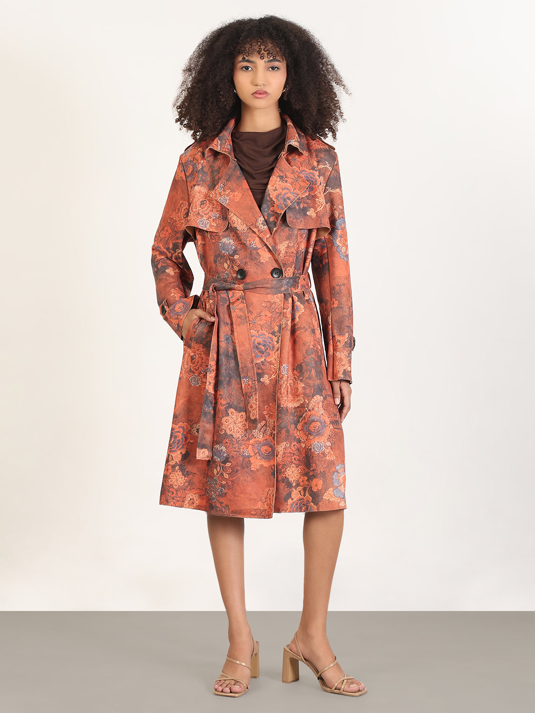 Floral Rust Lapel Collar Longline Trench Coat with Fabric Belt