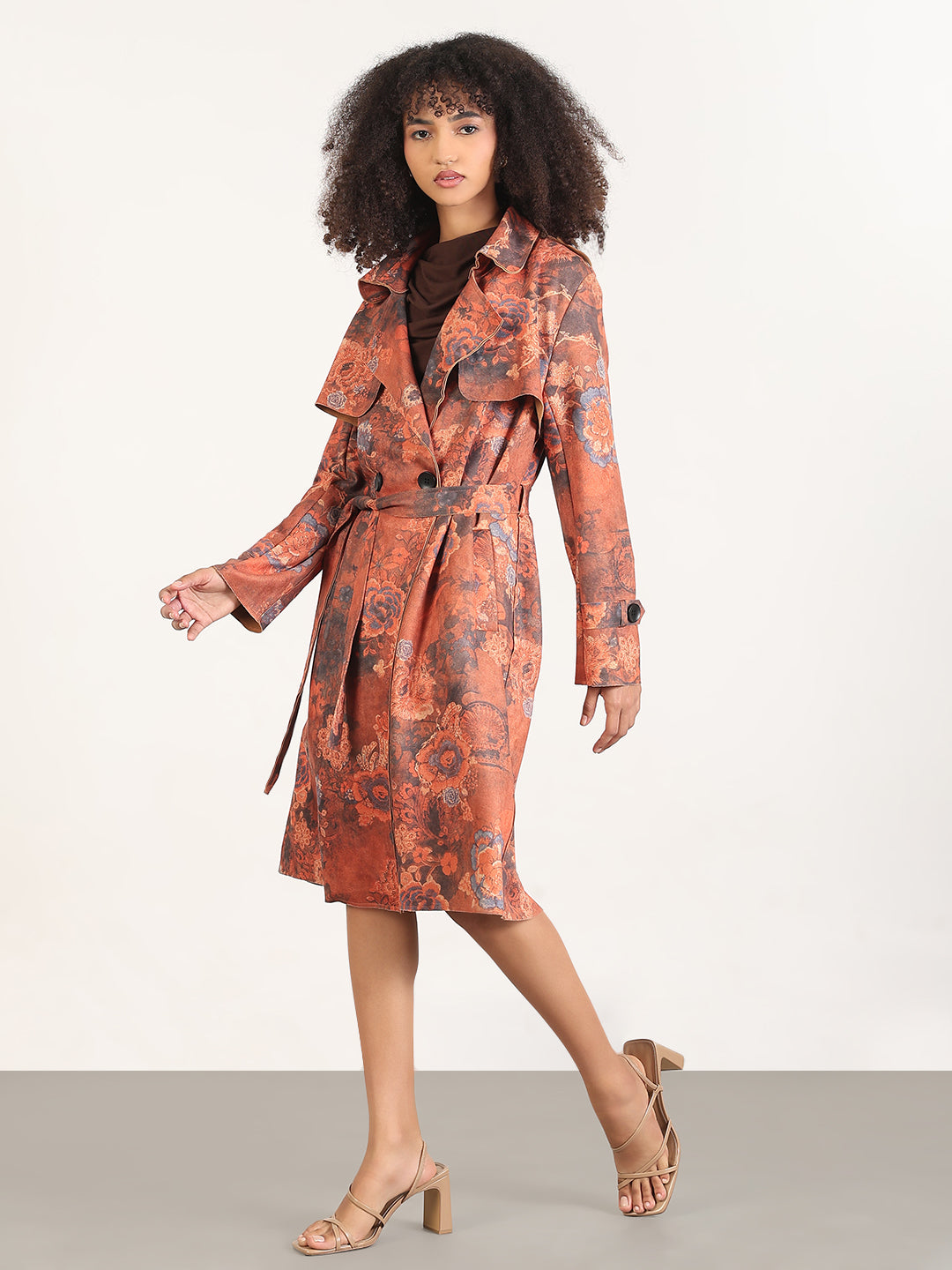 Floral Rust Lapel Collar Longline Trench Coat with Fabric Belt