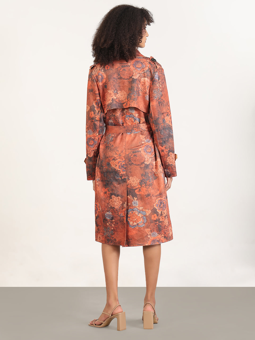Floral Rust Lapel Collar Longline Trench Coat with Fabric Belt
