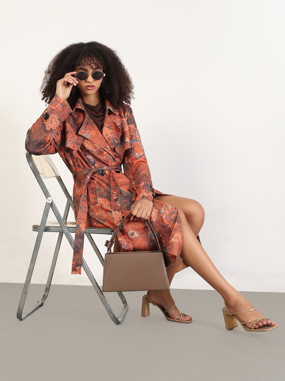 Floral Rust Lapel Collar Longline Trench Coat with Fabric Belt