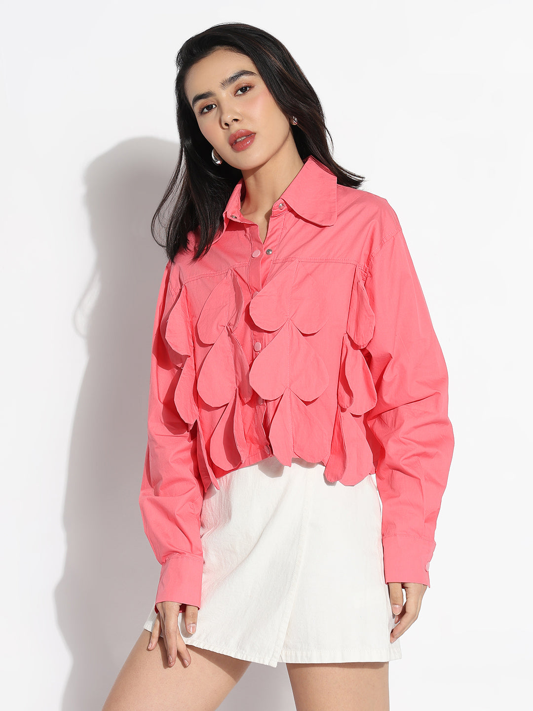 Women's Oversized Pink Solid Shirt with Applique