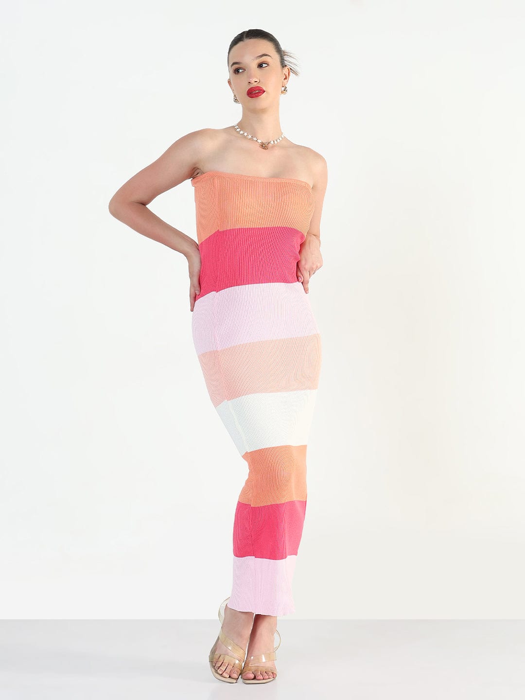 Ribbed Striped Pink Bandeau Bodycon Dresses