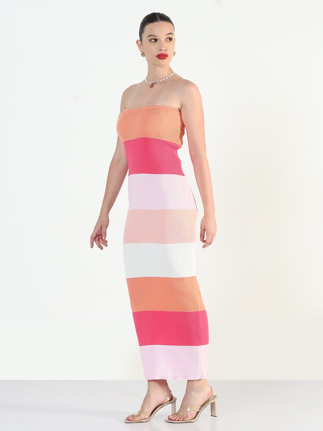 Ribbed Striped Pink Bandeau Bodycon Dresses