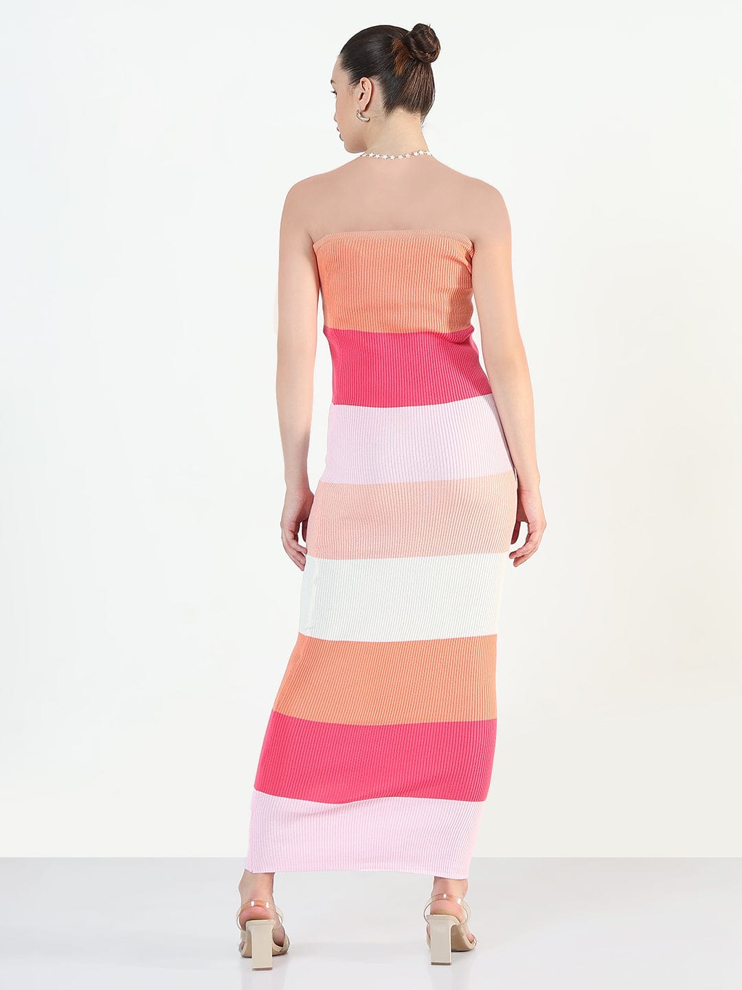 Ribbed Striped Pink Bandeau Bodycon Dresses