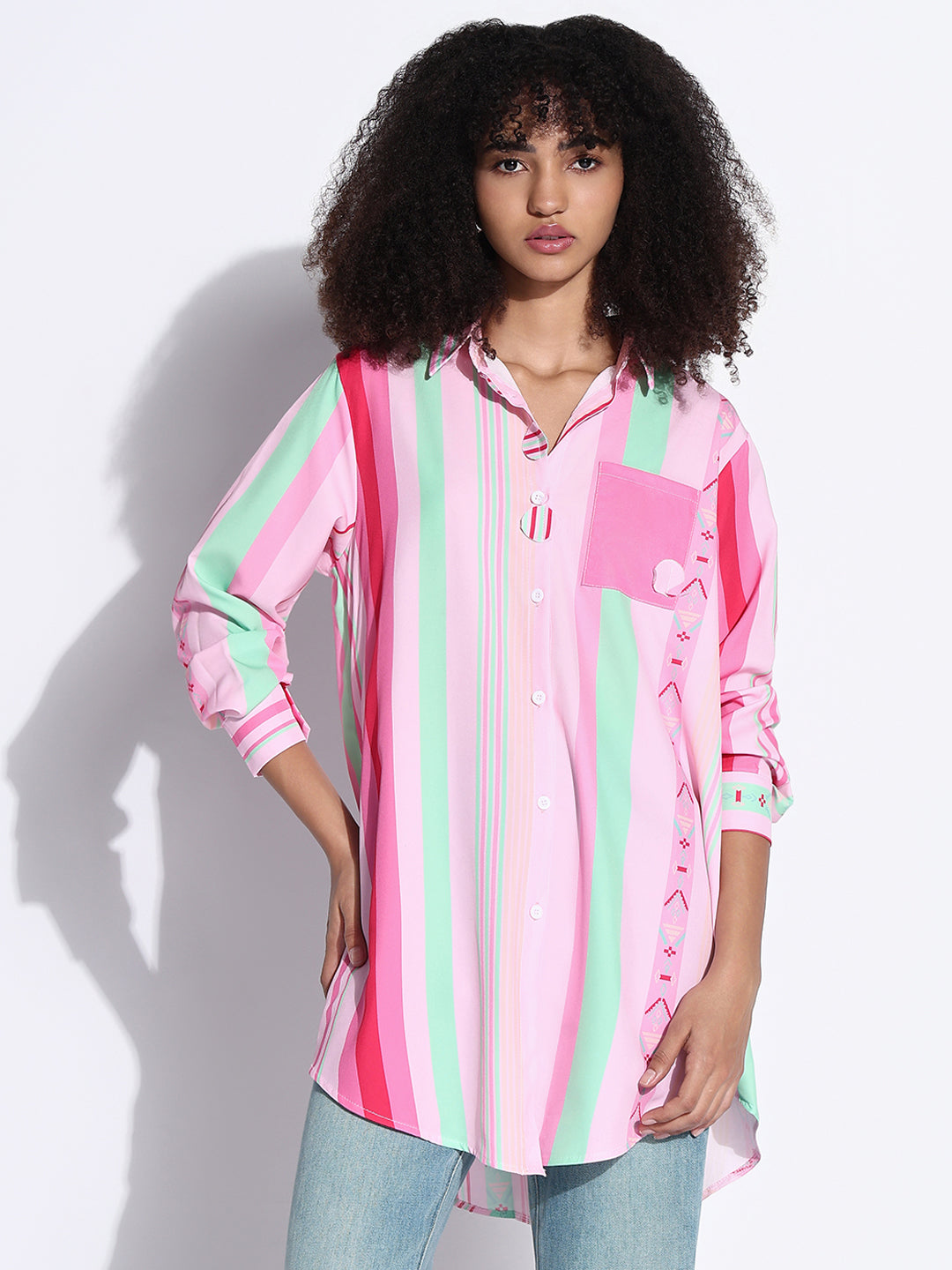 Women's Striped Pink Oversized Shirt with Chest Pocket