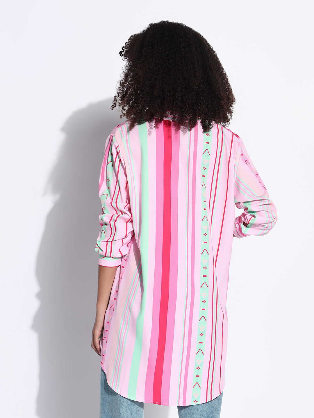 Women's Striped Pink Oversized Shirt with Chest Pocket