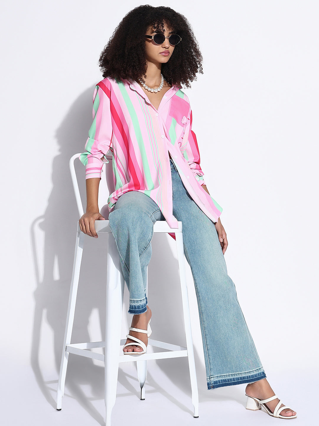 Women's Striped Pink Oversized Shirt with Chest Pocket