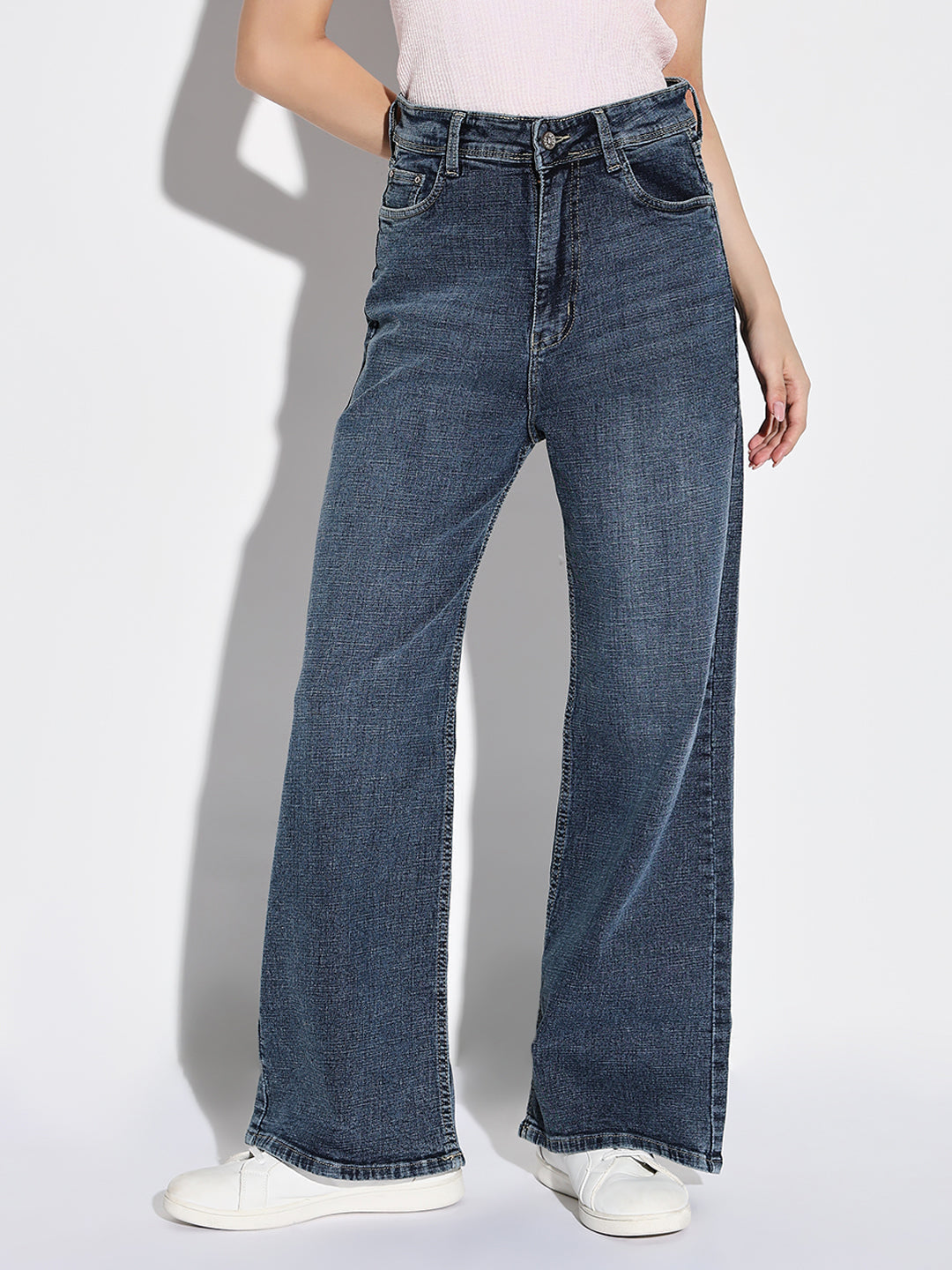 Navy Blue Comfort Wide Leg Acid Wash Denim Jeans