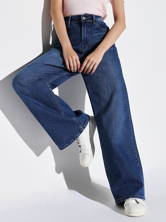 Navy Blue Cotton Comfort Wide Leg Light Fade Acid Wash Mid-Rise Stretchable Jeans