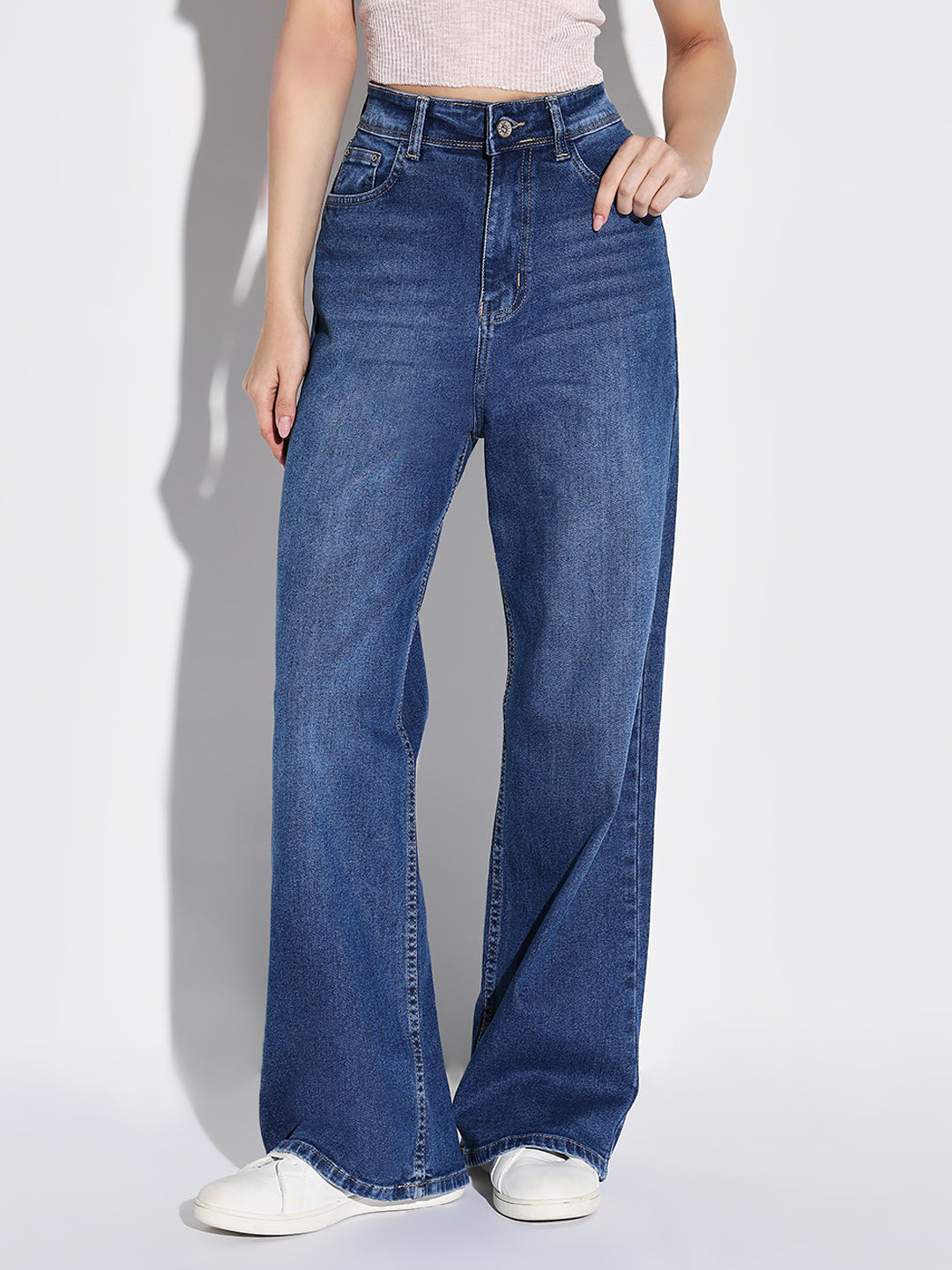 Navy Blue Cotton Comfort Wide Leg Light Fade Acid Wash Mid-Rise Stretchable Jeans