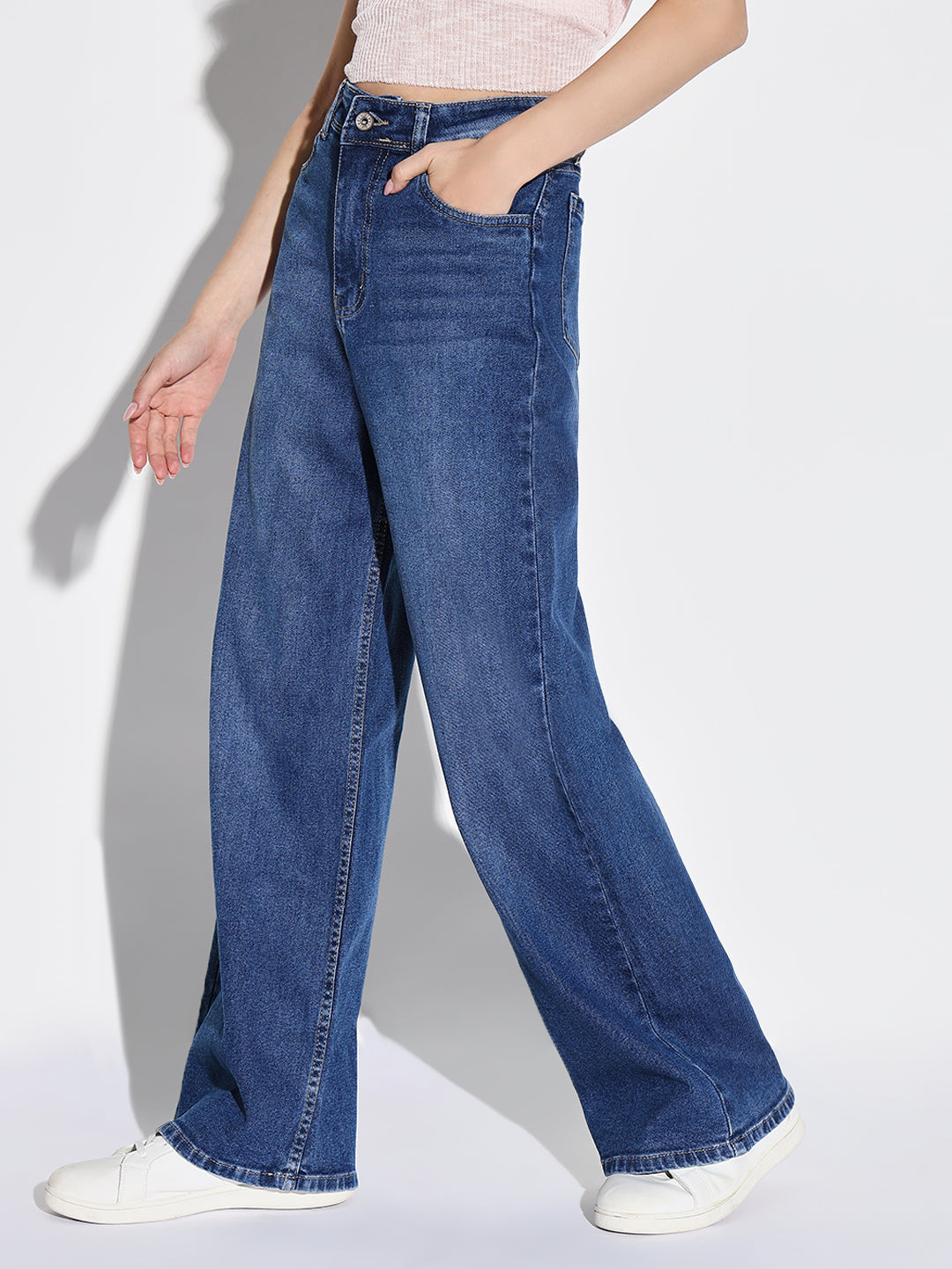 Navy Blue Cotton Comfort Wide Leg Light Fade Acid Wash Mid-Rise Stretchable Jeans