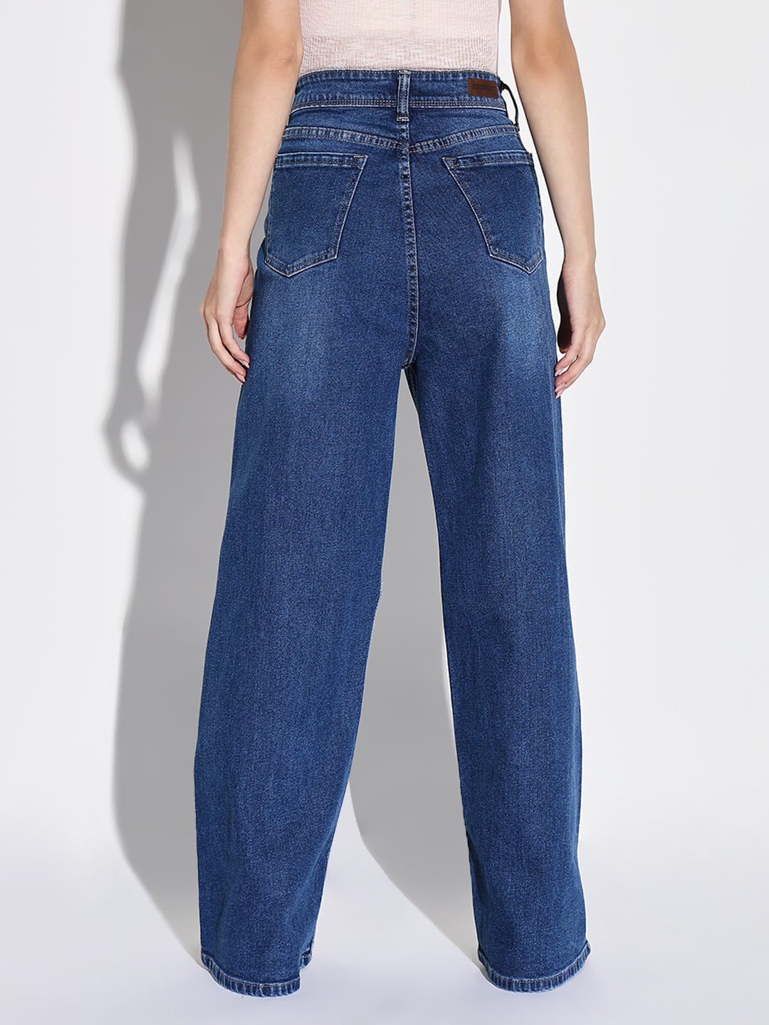 Navy Blue Cotton Comfort Wide Leg Light Fade Acid Wash Mid-Rise Stretchable Jeans