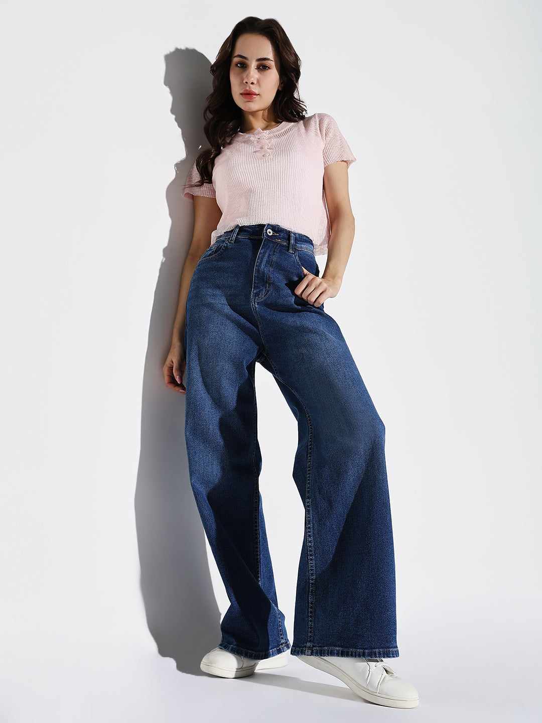 Navy Blue Cotton Comfort Wide Leg Light Fade Acid Wash Mid-Rise Stretchable Jeans
