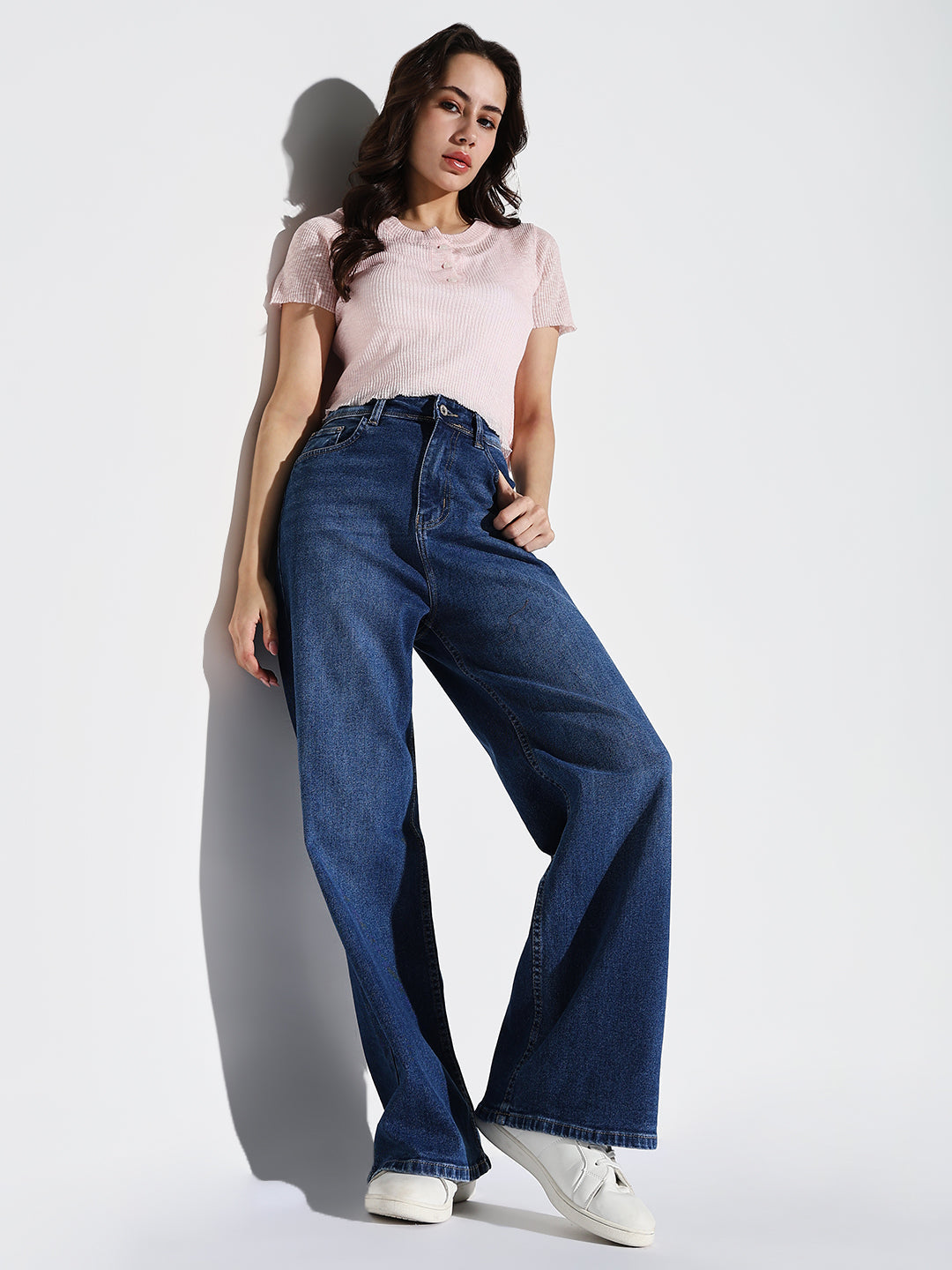 Navy Blue Cotton Comfort Wide Leg Light Fade Acid Wash Mid-Rise Stretchable Jeans
