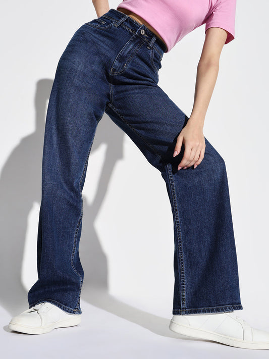Navy Blue Comfort Wide Leg Light Fade Jeans