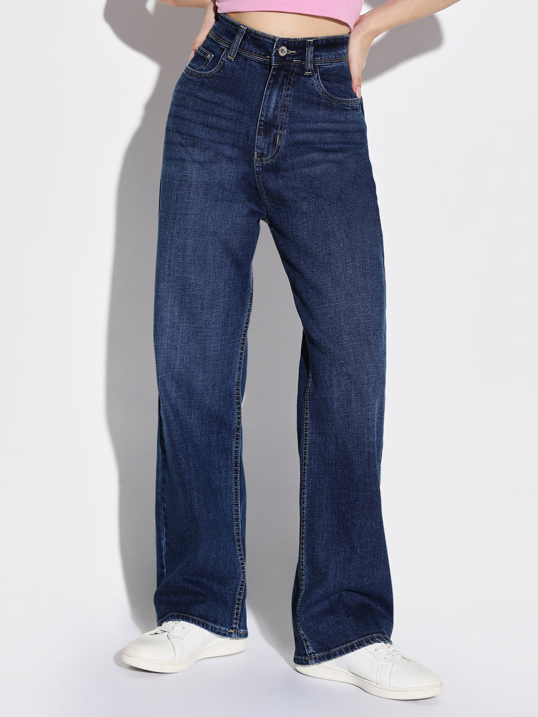 Navy Blue Comfort Wide Leg Light Fade Jeans