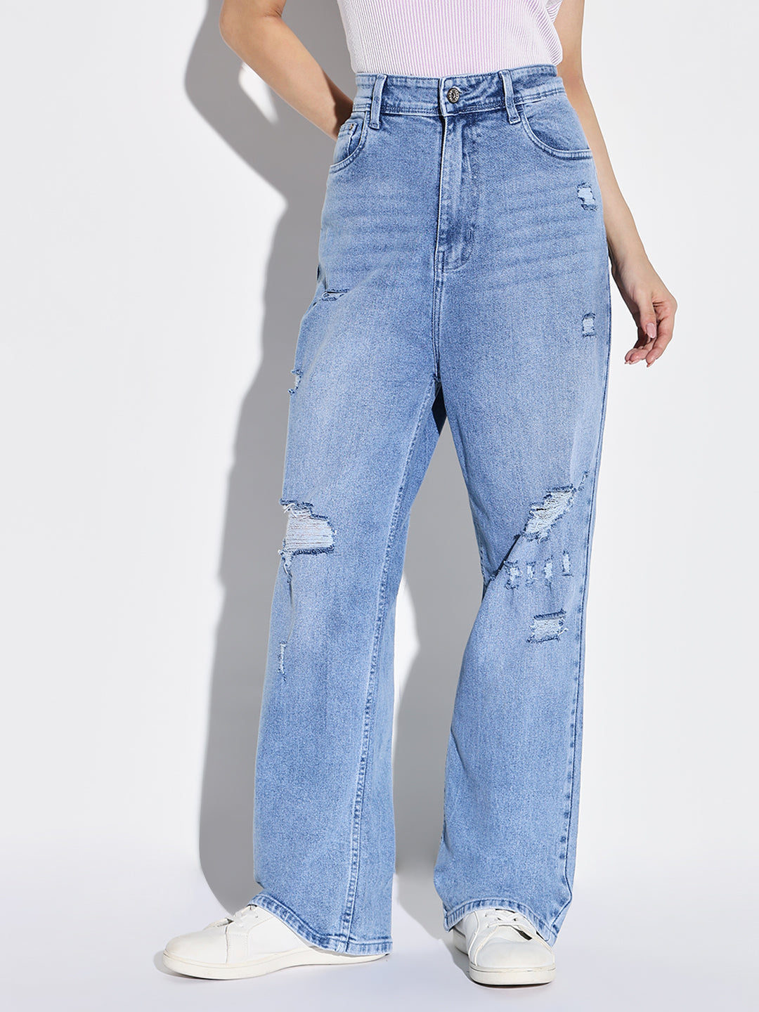Blue Comfort Wide Leg Slash Knee Light Fade Acid Wash Stretchable Jeans