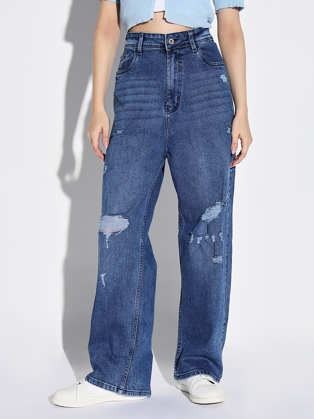 Blue Comfort Wide Leg Low Distress Light Fade Acid Wash Stretchable Jeans