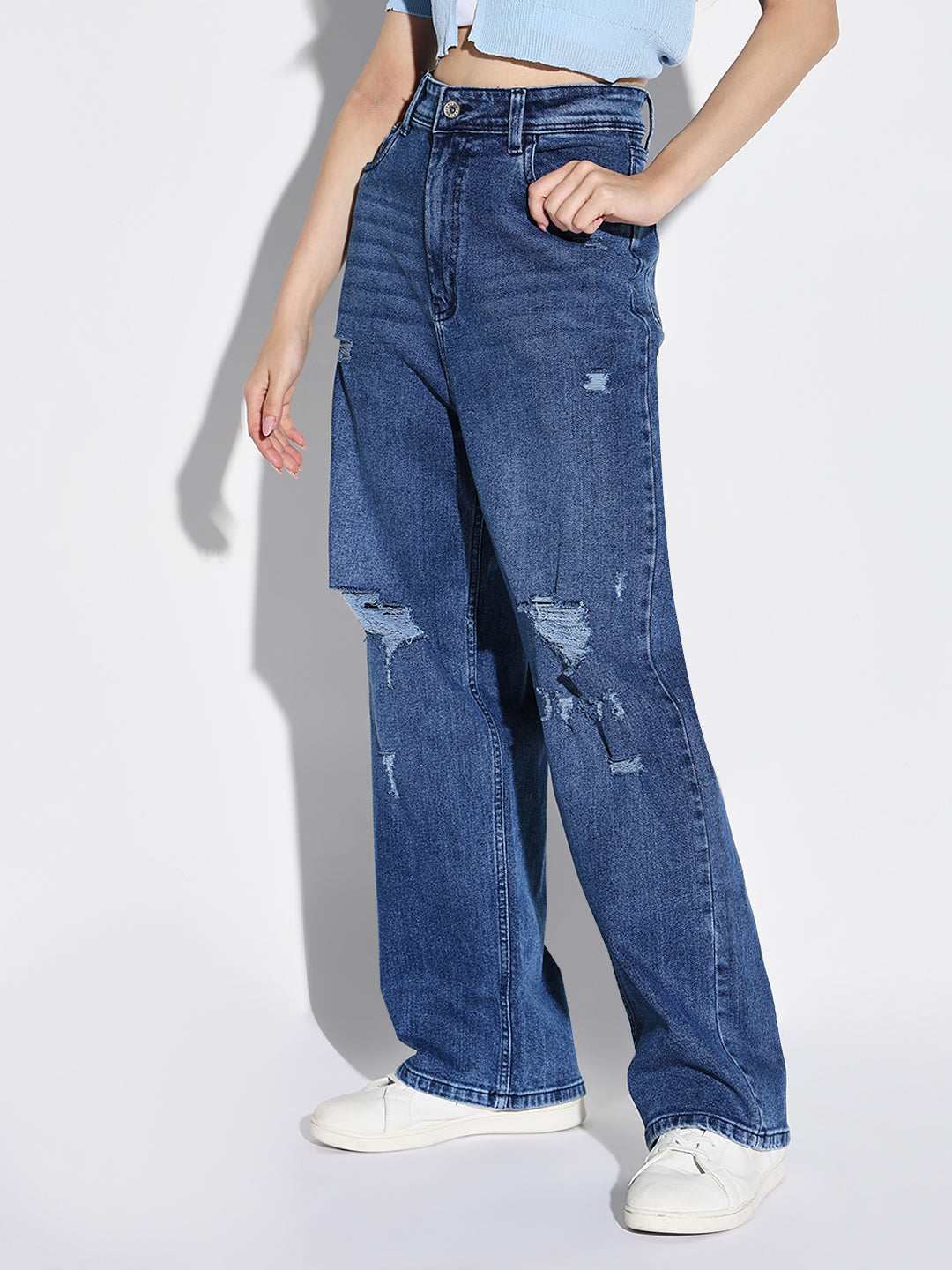 Blue Comfort Wide Leg Low Distress Light Fade Acid Wash Stretchable Jeans